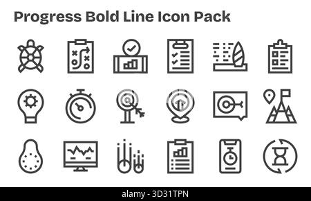 Una raccolta pulita di 18 icone Bold Line che rappresentano il progresso, progettata per dashboard e interfacce moderne. Illustrazione Vettoriale