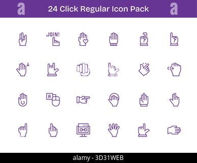 Una raccolta pulita di 24 icone contorno regolari che rappresentano clic, progettate per dashboard e interfacce moderne. Illustrazione Vettoriale