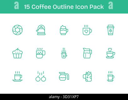 Confezione curata di 15 icone vettoriali nel design Outline, incentrata sui concetti del caffè. Illustrazione Vettoriale