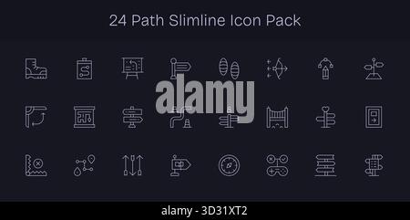 Confezione curata di 24 icone vettoriali nel design Slim Line, incentrata sui concetti di percorso. Illustrazione Vettoriale