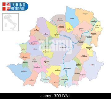 Mappa amministrativa della città metropolitana di Torino, Piemonte, Italia Foto Stock