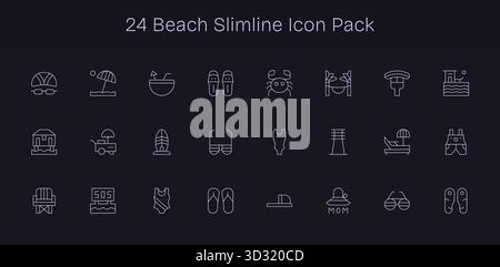 Scopri un set di 24 icone Slim Line create per il tema Beach, ideali per progetti UI/UX moderni. Illustrazione Vettoriale