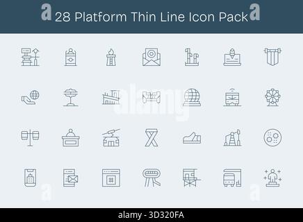 Set di 28 icone in stile Thin Line incentrate su Platform, create per un'integrazione perfetta in app e siti Web. Illustrazione Vettoriale