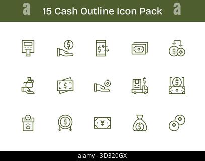 Confezione curata di 15 icone vettoriali nel design di Outline, incentrata sui concetti Cash. Illustrazione Vettoriale