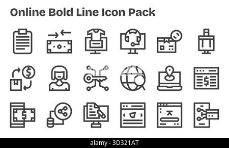 18 icone progettate in modo professionale in stile Bold Line, che catturano l'essenza di Online per la progettazione dell'interfaccia utente. Illustrazione Vettoriale