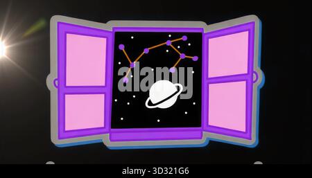 Mostra una finestra rosa viola sulla parete, con tema stellato, costellazione, pianeta ad anello e luce parassita Foto Stock
