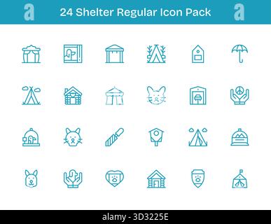 Una raccolta pulita di 24 icone di contorno regolari che rappresentano Shelter, progettate per dashboard e interfacce moderne. Illustrazione Vettoriale