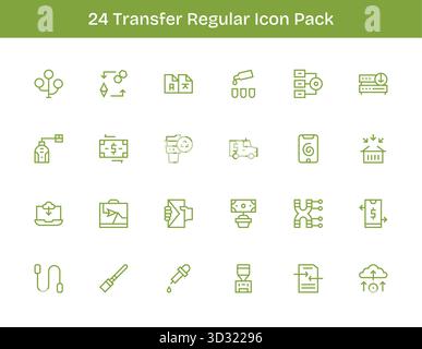 Scopri un set di 24 icone contorno regolari create per il tema Trasferisci, ideale per i moderni progetti UI/UX. Illustrazione Vettoriale
