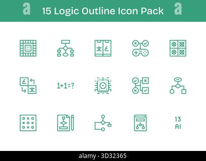 Pacchetto vettoriale con 15 icone di contorno ispirate alla logica, ideale per lavori di progettazione scalabili e creativi. Illustrazione Vettoriale