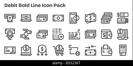 Esplora le 24 icone vettoriali in stile sagomato ispirate a Debit. Perfetto per interfacce Web e app. Illustrazione Vettoriale