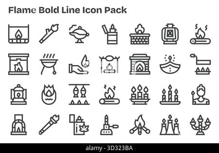 28 icone progettate in modo professionale in stile Extra Bold Line, che catturano l'essenza di Flame per il design dell'interfaccia utente. Illustrazione Vettoriale