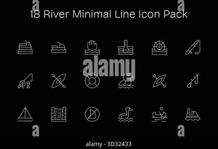 18 icone dal design professionale in stile minimal Line, che catturano l'essenza di River per il design dell'interfaccia utente. Illustrazione Vettoriale