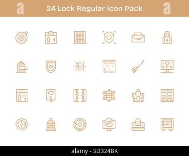 Una raccolta pulita di 24 icone di contorno regolari che rappresentano il lucchetto, progettate per dashboard e interfacce moderne. Illustrazione Vettoriale