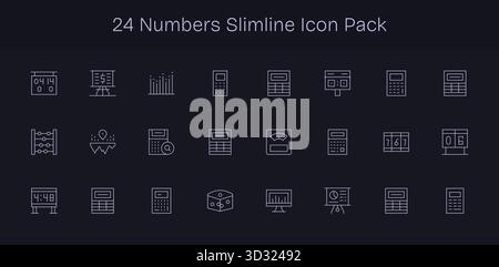 Scopri un set di 24 icone Slim Line create per il tema dei numeri, ideali per i moderni progetti UI/UX. Illustrazione Vettoriale
