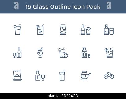 Confezione vettoriale con 15 icone di contorno ispirate al vetro, ideale per lavori di progettazione scalabili e creativi. Illustrazione Vettoriale