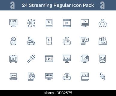 Una raccolta pulita di 24 icone contorno regolari che rappresentano lo streaming, progettate per dashboard e interfacce moderne. Illustrazione Vettoriale