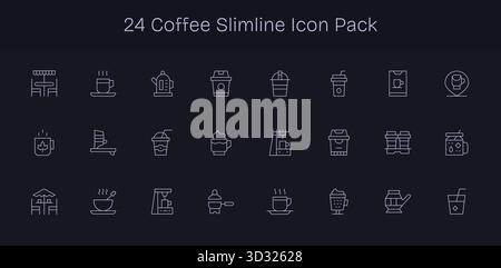 Scopri un set di 24 icone Slim Line create per il tema del caffè, ideali per i moderni progetti UI/UX. Illustrazione Vettoriale