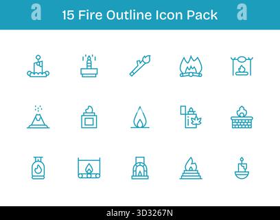 Questo set di 15 icone di contorno cattura temi Fire, perfetti per applicazioni tecnologiche e aziendali. Illustrazione Vettoriale