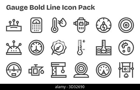 Una collezione pulita di 18 icone Bold Line che rappresentano Gauge, progettate per dashboard e interfacce moderne. Illustrazione Vettoriale