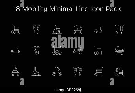 Questa collezione presenta 18 icone minimali in stile Line pensate per il tema della mobilità, ideali per il design digitale. Illustrazione Vettoriale