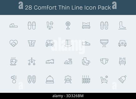 28 icone progettate in modo professionale in stile Thin Line, che catturano l'essenza del comfort per il design dell'interfaccia utente. Illustrazione Vettoriale