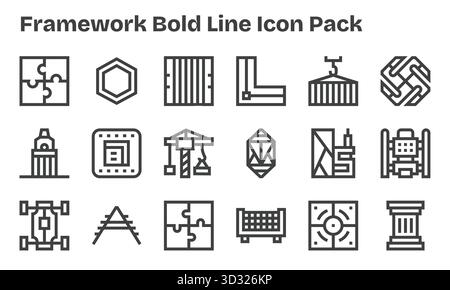 Una raccolta pulita di 18 icone Bold Line che rappresentano Framework, progettata per dashboard e interfacce moderne. Illustrazione Vettoriale