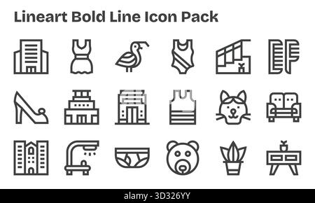 Collezione di 18 icone vettoriali in stile Bold Line per Lineart, progettate per chiarezza e versatilità. Illustrazione Vettoriale