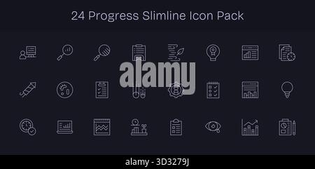 Scopri un set di 24 icone Slim Line create per il tema Progress, ideali per i moderni progetti UI/UX. Illustrazione Vettoriale