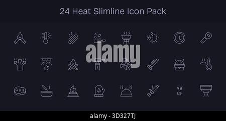 Scopri un set di 24 icone Slim Line create per il tema Heat, ideali per i moderni progetti UI/UX. Illustrazione Vettoriale