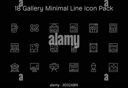 Questa collezione presenta 18 icone minimali in stile Line personalizzate in base al tema della Galleria, perfette per il design digitale. Illustrazione Vettoriale