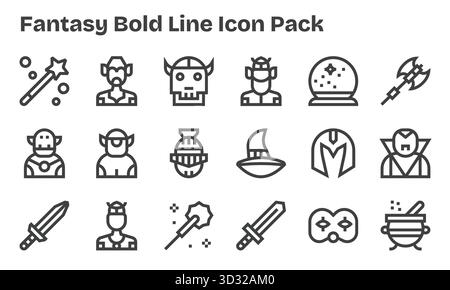 Questa collezione presenta 18 icone in stile Bold Line pensate per il tema Fantasy, perfette per il design digitale. Illustrazione Vettoriale