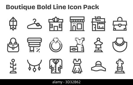 Questa collezione presenta 18 icone in stile Bold Line pensate per il tema Boutique, perfette per il design digitale. Illustrazione Vettoriale