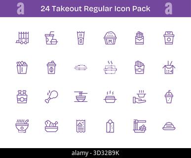 Un set dinamico di 24 icone in stile contorno regolare, personalizzato per Takeout e adatto per prodotti digitali. Illustrazione Vettoriale