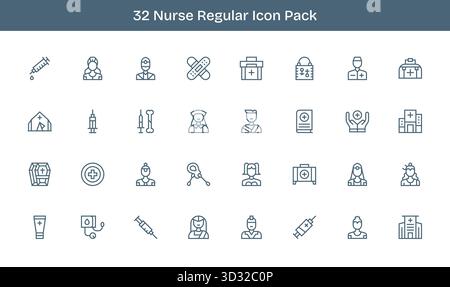 Questo set di 32 icone di linea regolare cattura temi per infermieri, perfetti per applicazioni tecnologiche e aziendali. Illustrazione Vettoriale