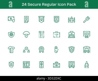 Pacchetto di 24 icone vettoriali in design contorno regolare, incentrato su concetti sicuri. Illustrazione Vettoriale