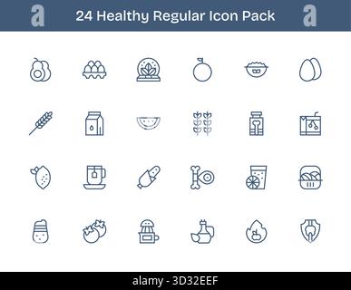 Una raccolta pulita di 24 icone di contorno regolari che rappresentano Healthy, progettate per dashboard e interfacce moderne. Illustrazione Vettoriale