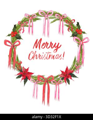Illustrazione di una corona natalizia fatta di rami di abete con fiocchi rosa e rossi alla moda. Lettering che dice buon Natale. Foto Stock