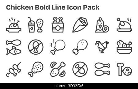 Una collezione pulita di 18 icone Bold Line che rappresentano il pollo, progettate per dashboard e interfacce moderne. Illustrazione Vettoriale