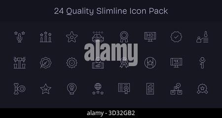 Confezione vettoriale con 24 icone Slim Line ispirate alla qualità, ideale per lavori di progettazione scalabili e creativi. Illustrazione Vettoriale