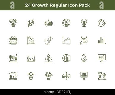 Una raccolta pulita di 24 icone di contorno regolari che rappresentano la crescita, progettate per dashboard e interfacce moderne. Illustrazione Vettoriale