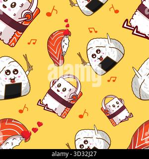 Happy Sushi Friends Grooving to Music Fliscia illustrazione vettoriale pattern Illustrazione Vettoriale