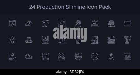 Confezione curata di 24 icone vettoriali nel design Slim Line, incentrata sui concetti di produzione. Illustrazione Vettoriale