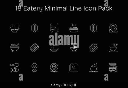 Questa collezione presenta 18 icone minimali in stile Line pensate per il tema Eatery, perfette per il design digitale. Illustrazione Vettoriale