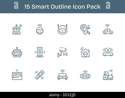 Questo set di 15 icone di contorno cattura temi intelligenti, perfetti per applicazioni tecnologiche e aziendali. Illustrazione Vettoriale