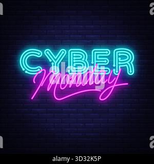 Insegna al neon del Cyber Monday con lettere brillanti blu e rosa sulla parete in mattoni scuri. Design audace e minimalista per la vendita online. Illustrazione vettoriale Illustrazione Vettoriale