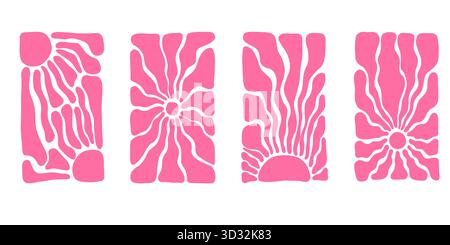 Illustrazione astratta del sole retrò con raggi solari radiali, linee ondulate e tonalità. Design psichedelico estivo, poster d'epoca con colori brillanti Illustrazione Vettoriale