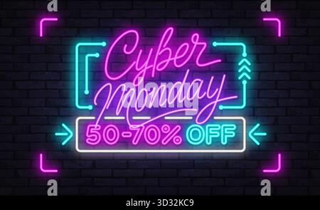 Elegante scritta al neon Cyber Monday in caratteri a forma di script e blocco con un'offerta di vendita brillante. Illustrazione vettoriale Illustrazione Vettoriale