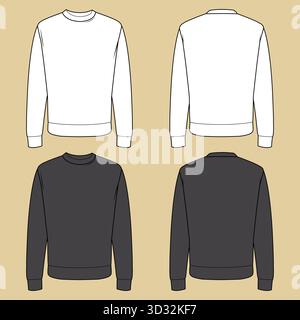 Modello felpa girocollo, bianco e nero per uomo e donna. Modelli di configurazione CAD per abbigliamento unisex, vista frontale e posteriore. Illustrazione Vettoriale