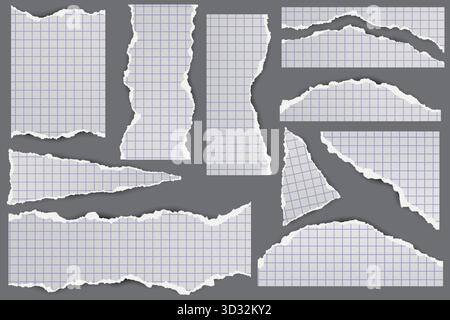 Strappati fogli di carta con celle. Strisce frastagliate con texture vintage su sfondo grigio per striscioni e blocchi di testo. Pagine di appunti per Illustrazione Vettoriale