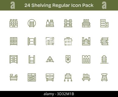 Un set dinamico di 24 icone in stile contorno regolare, su misura per gli scaffali e adatto per i prodotti digitali. Illustrazione Vettoriale